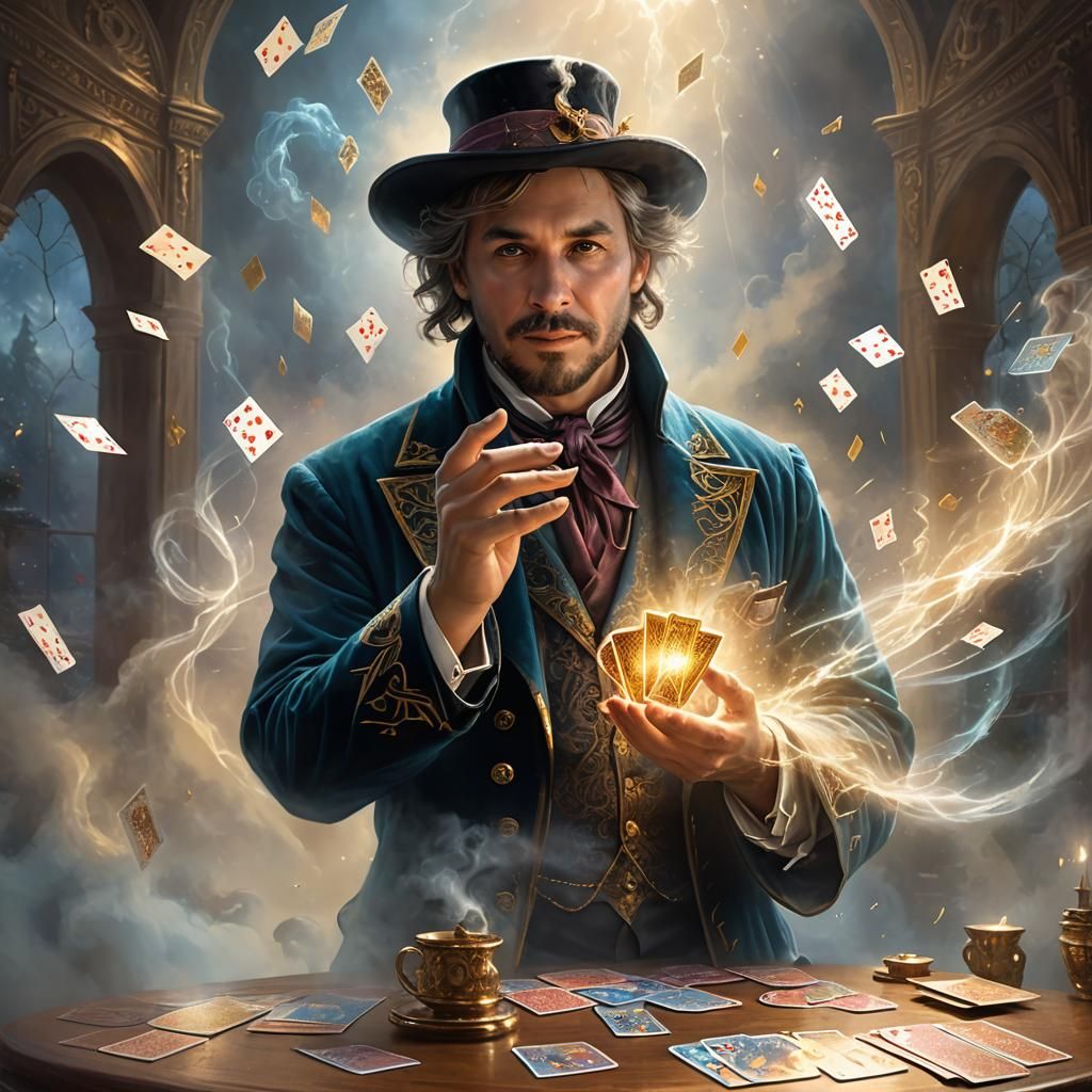 Magician with Glowing Cards in Ethereal Light