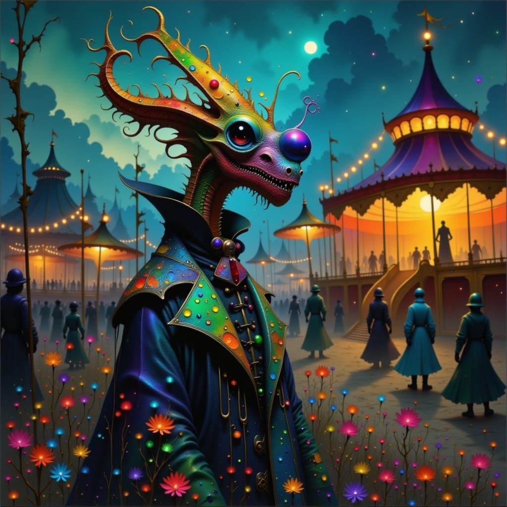 Octopi-Dragon Hybrid in Dark Carnival, Surreal Style