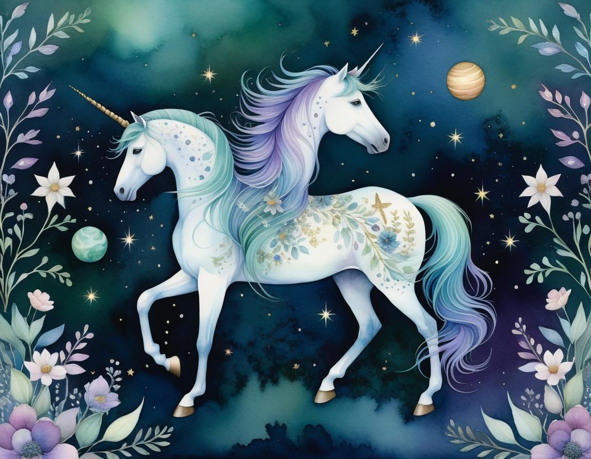 Ethereal Winged Unicorn in Watercolor Style