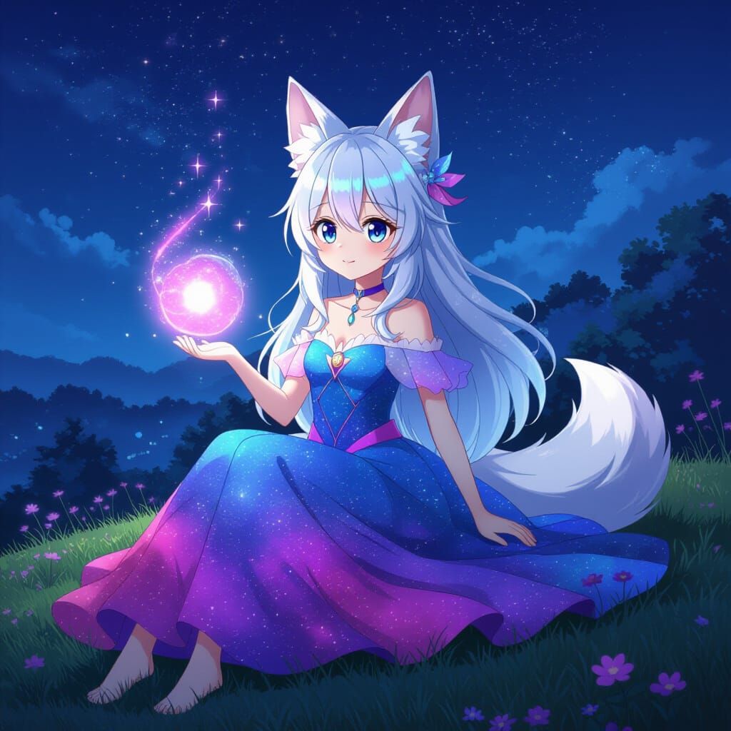 Celestial Fox Girl in Galaxy Dress Anime Style