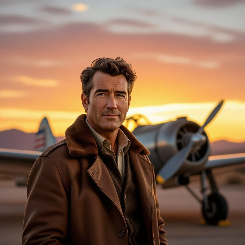 Heroic Aviator Stands Proud in Timeless Desert Landscape