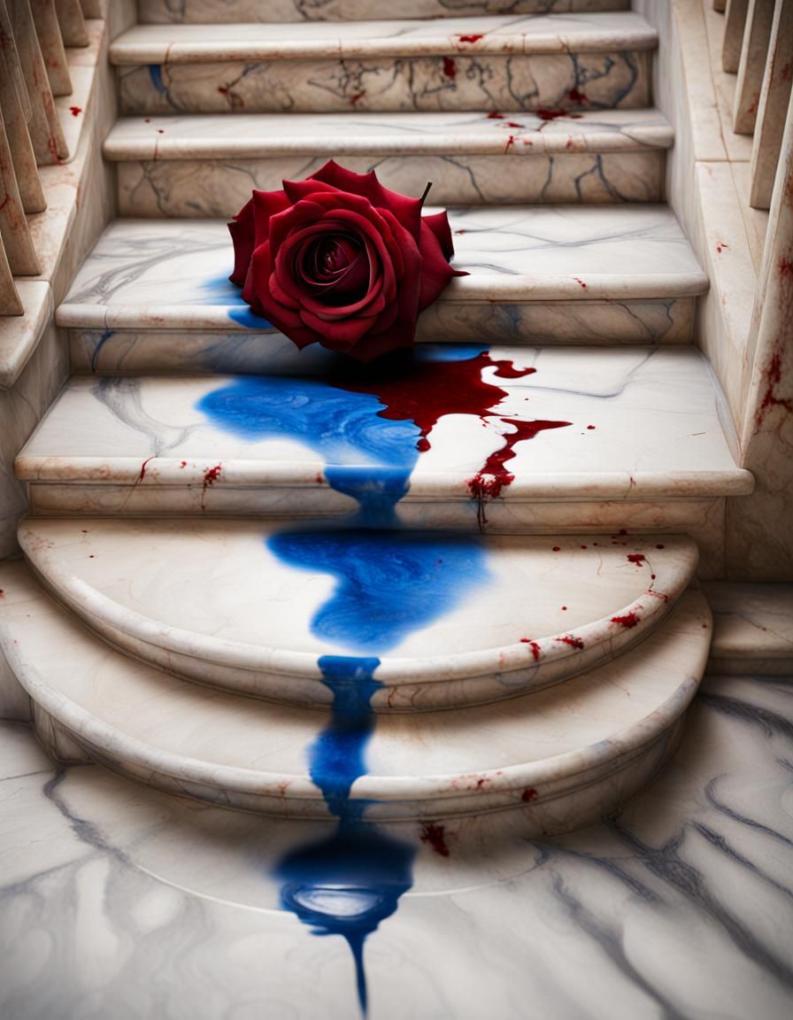 Blood Stain on Marble Steps with Blue Rose