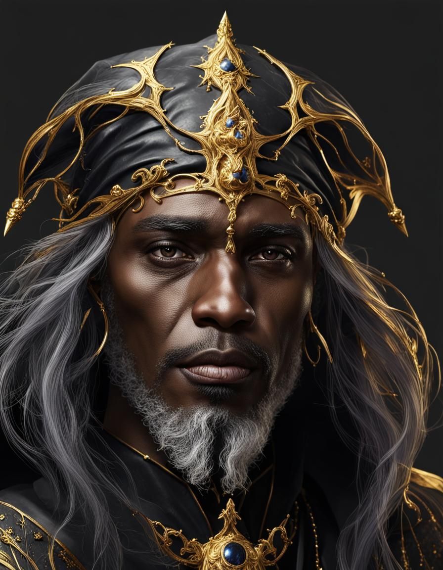 Black Sorcerer with Gold Details on Transparent Background