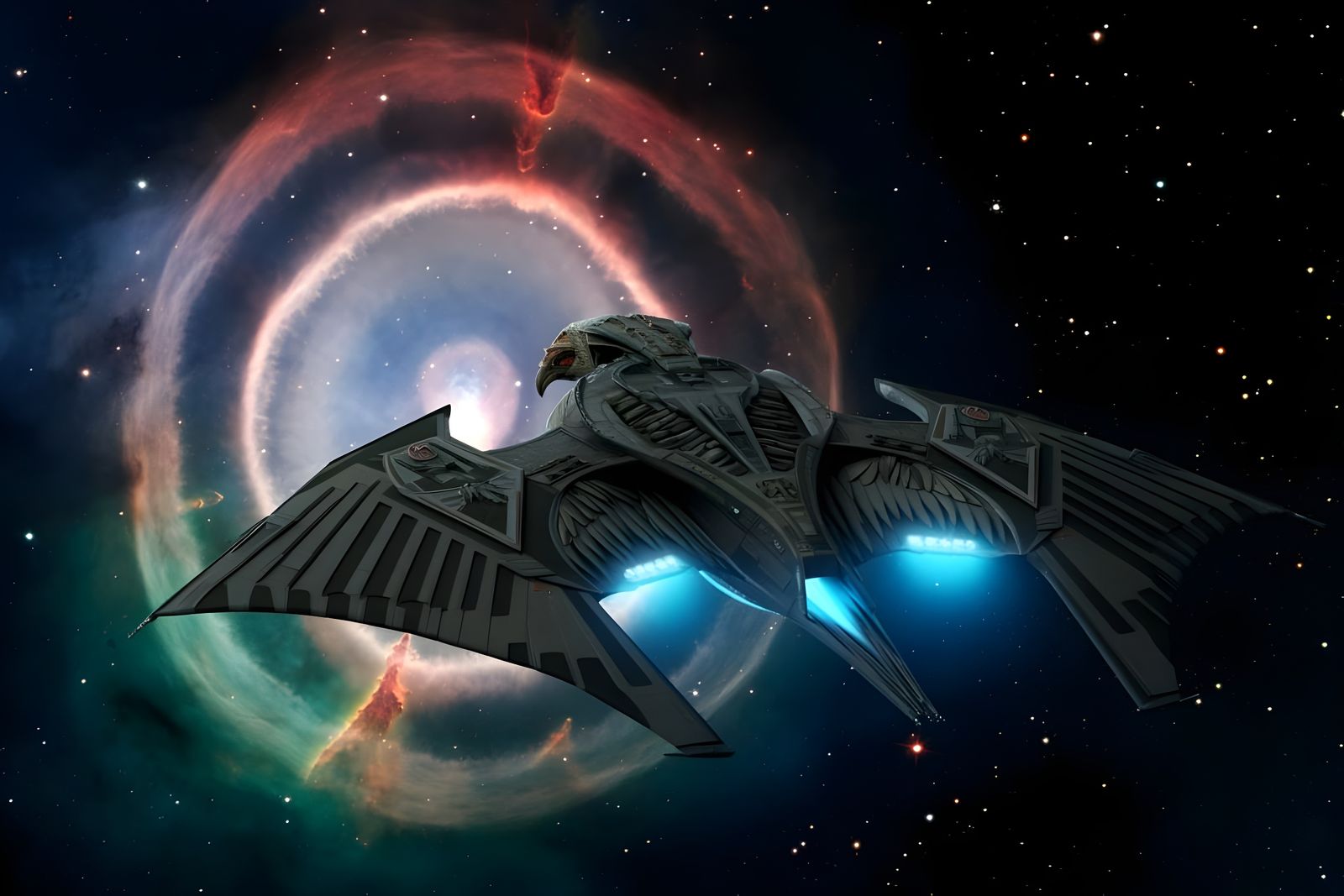 Klingon Bird of Prey Spaceship Soaring Through Nebula