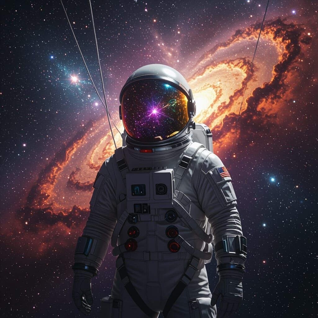 Astronaut Tethered to Crystalline Nebula in Space
