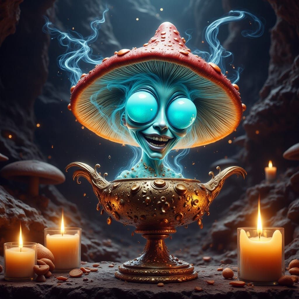 Mushroom Genie Emerges from Lamp in Petra