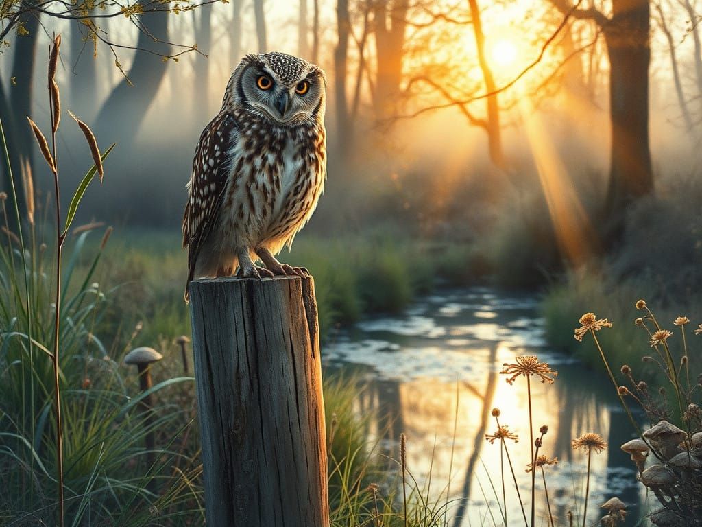 Tawny Owl Amidst Vibrant Fungi and Sunbeams in an Ethereal F...