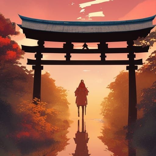 Torii Gate Sunset in Anime Style