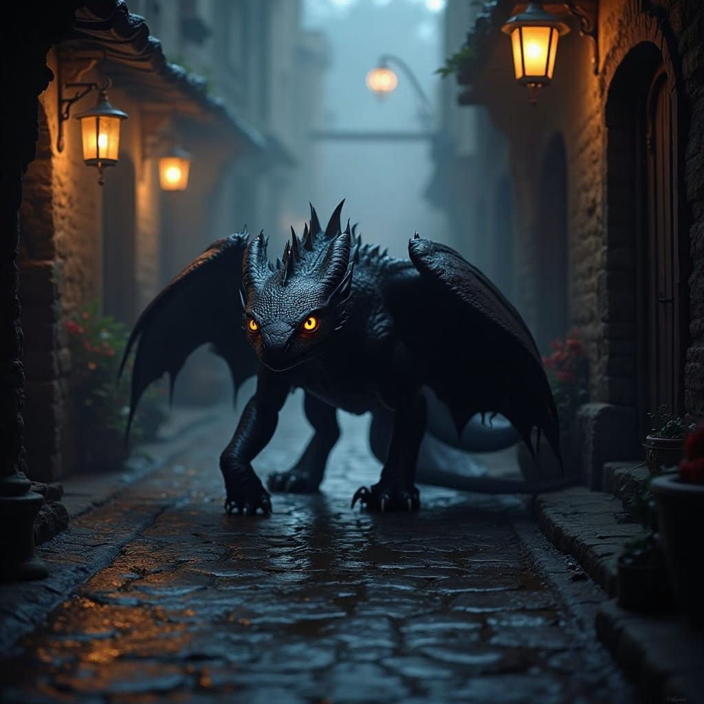 Sleek Black Dragon in Alleyway: Digital Art