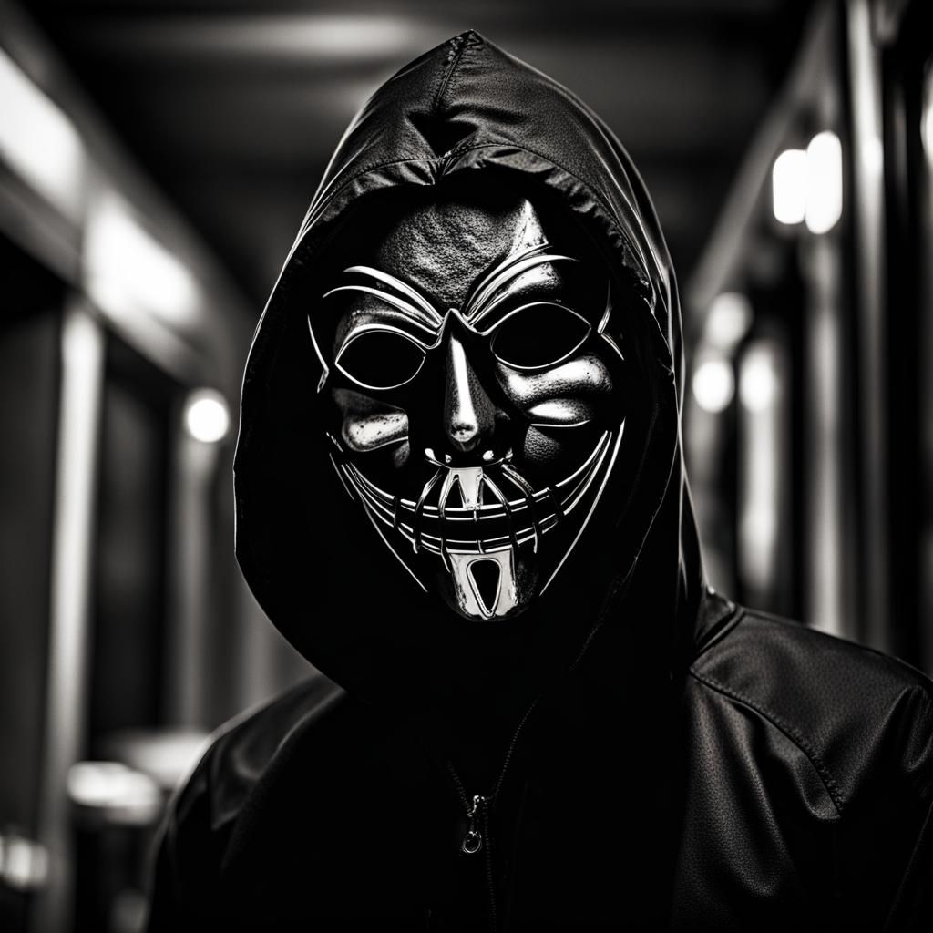 Hyperrealistic Halloween Masked Figure in Black