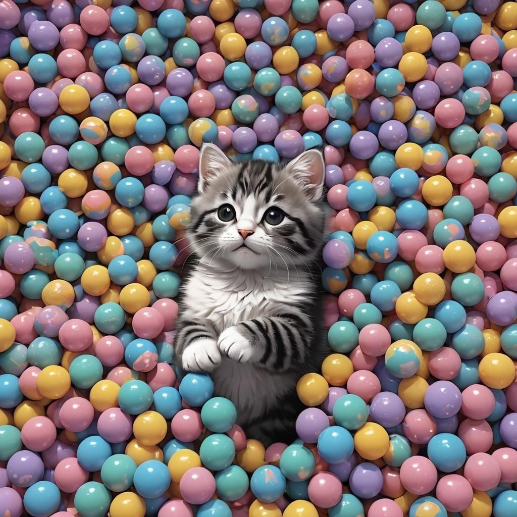 Cute Kitten in Ball Pit, Anime Style