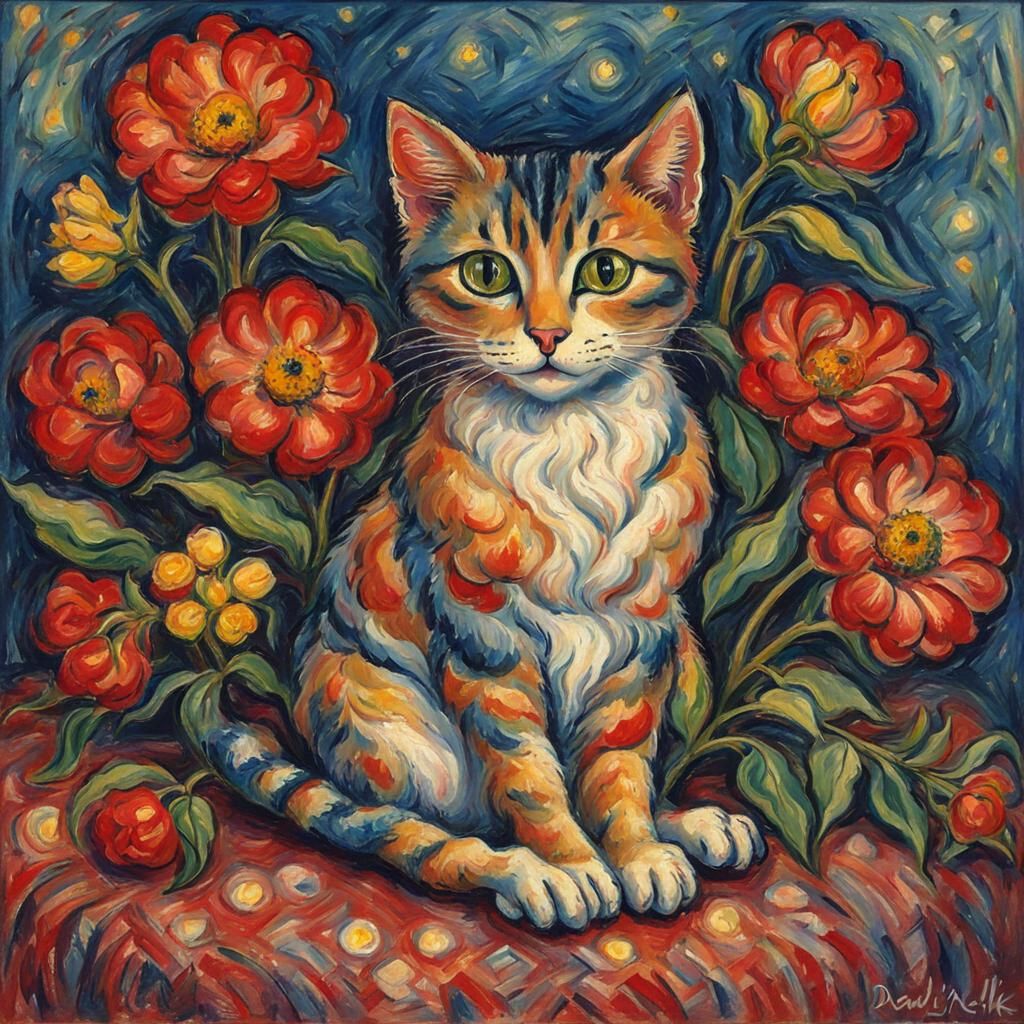 Cute Cat Surrounded by Flowers, Avant-Garde Style