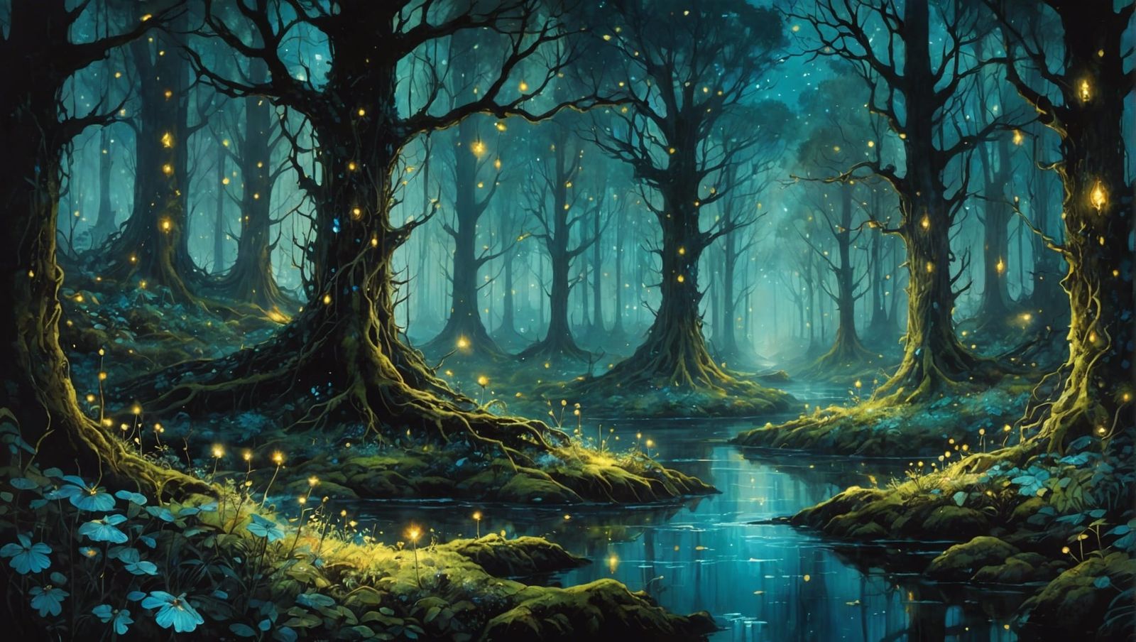 Elven Forestscape with Bioluminescence in Watercolor