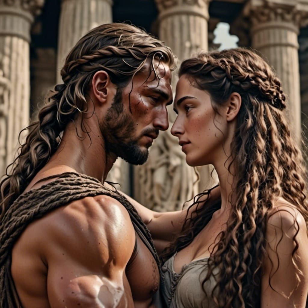 Ariadne and Dionysus Behind a Column in Hyperrealistic Photo