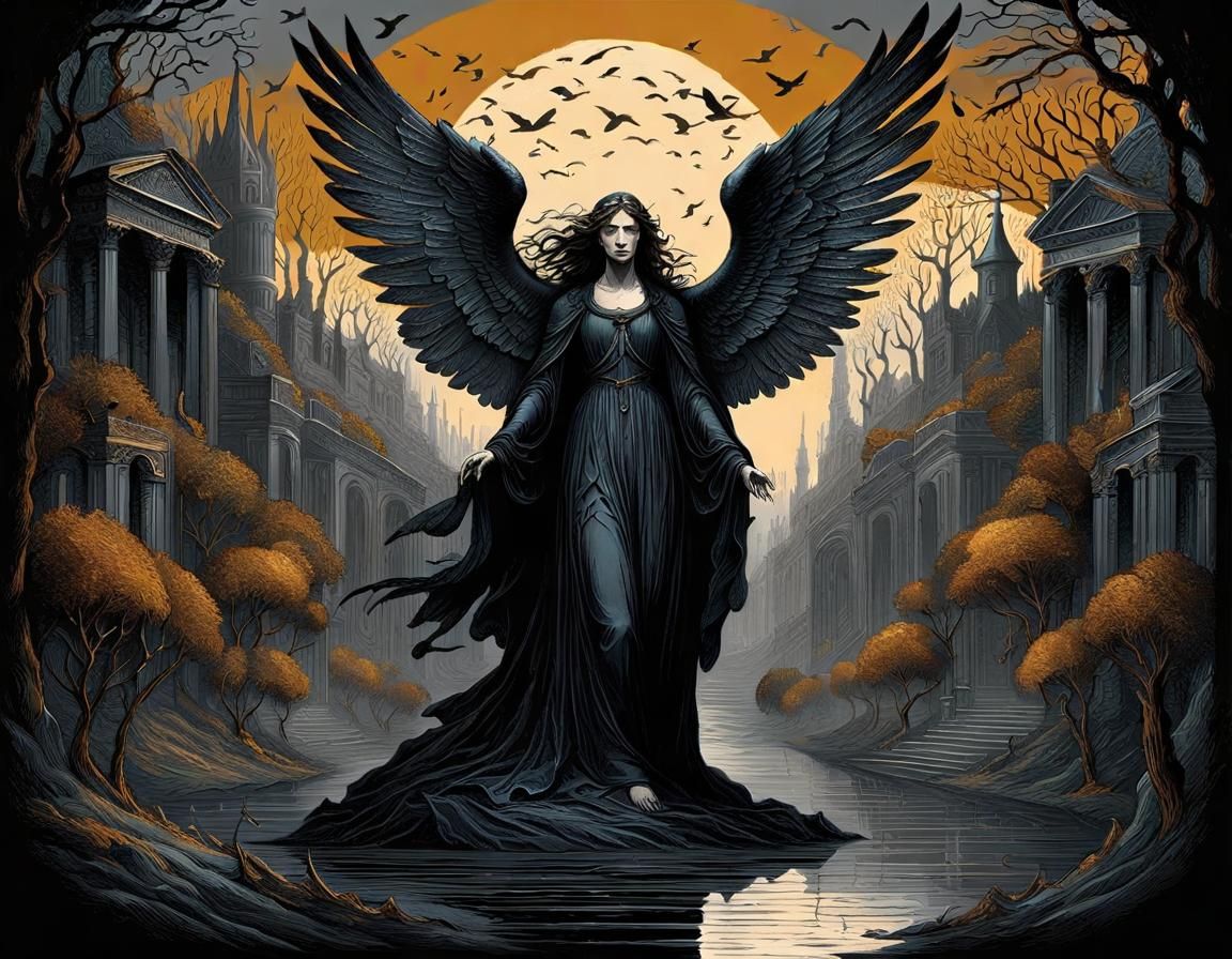Mourning Angel with Black Wings