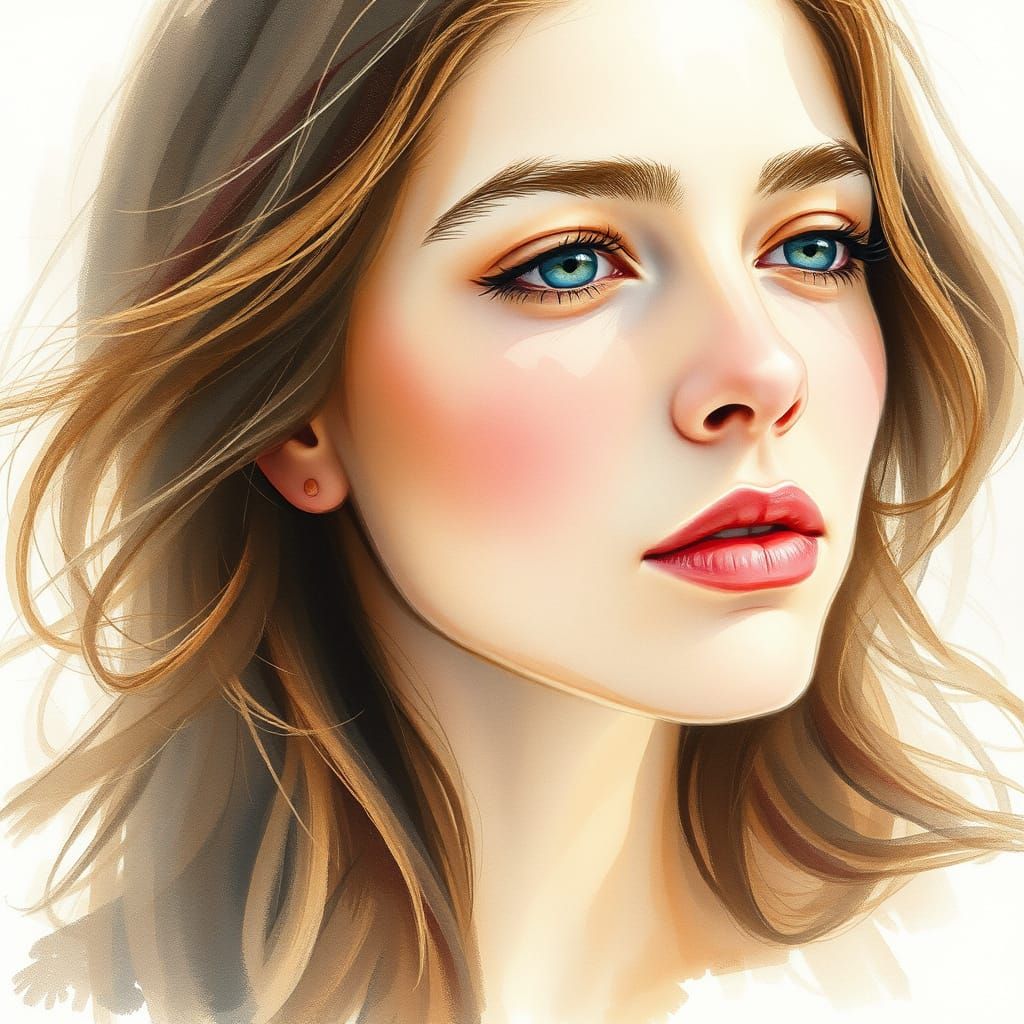 Watercolor Portrait of Woman with Cascading Hair