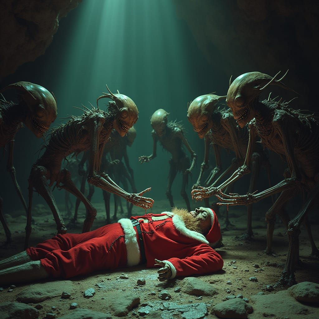 Gothic Undead Martians Feast on Santa in Catacomb