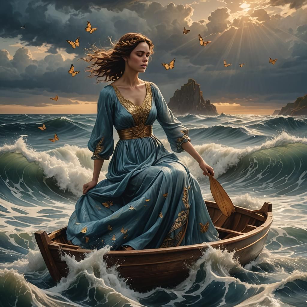 Butterfly Woman Adrift: Waterhouse-Style Oceanic Dream