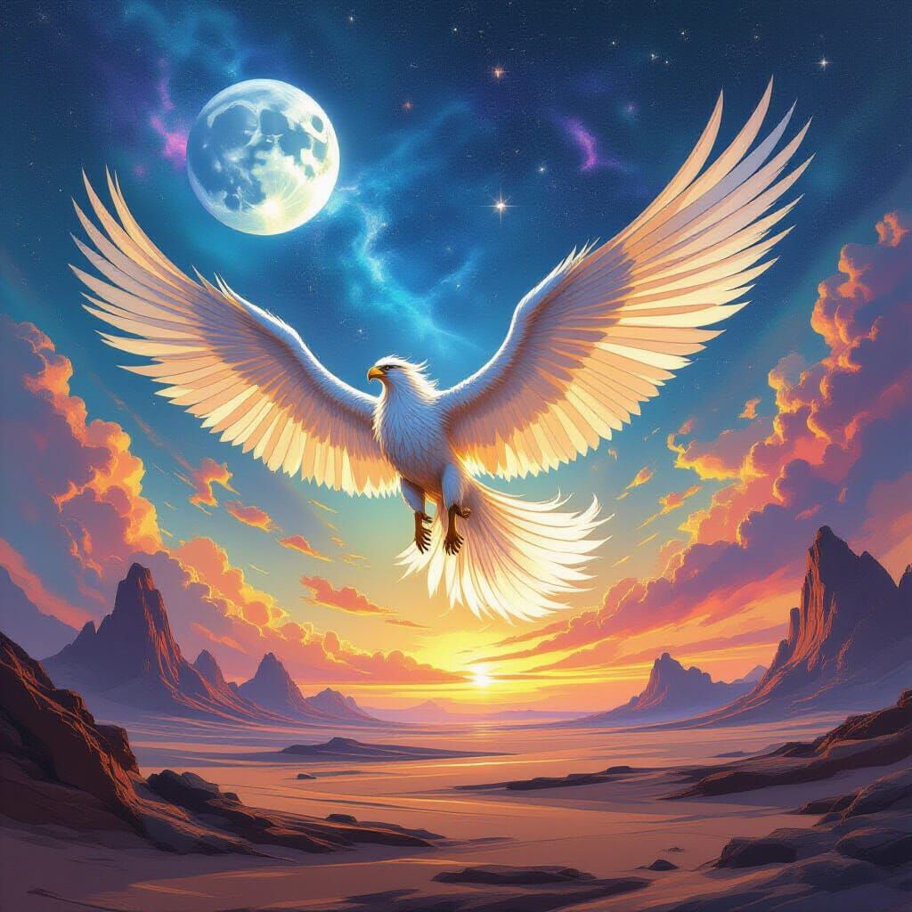 Majestic Griffin Soars Through Alien Sky