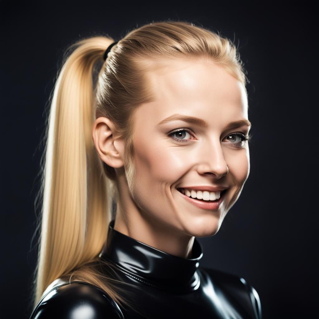Smiling Blonde Woman in Latex: Professional Studio Portrait