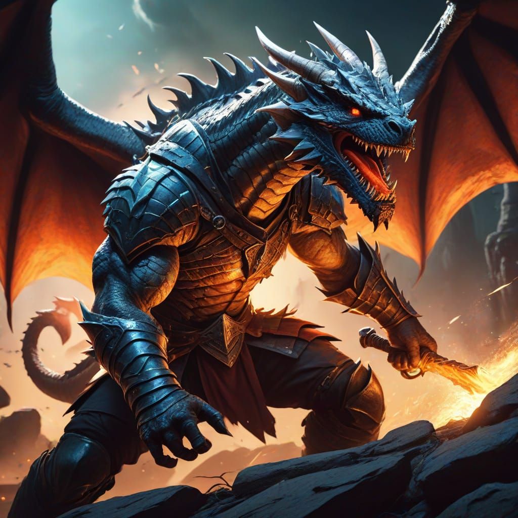Fantasy Warrior Dragon Fight in Comic Book Style