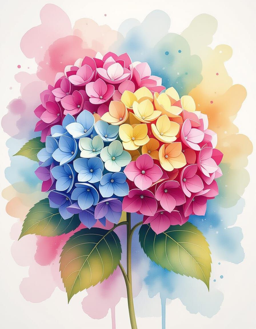 Vibrant Multicolored Hydrangea Flowers in Watercolor Splash ...