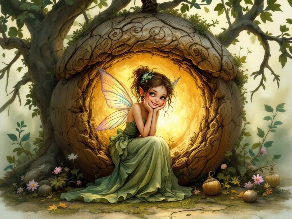Whimsical Pixie in a Cozy Acorn Home