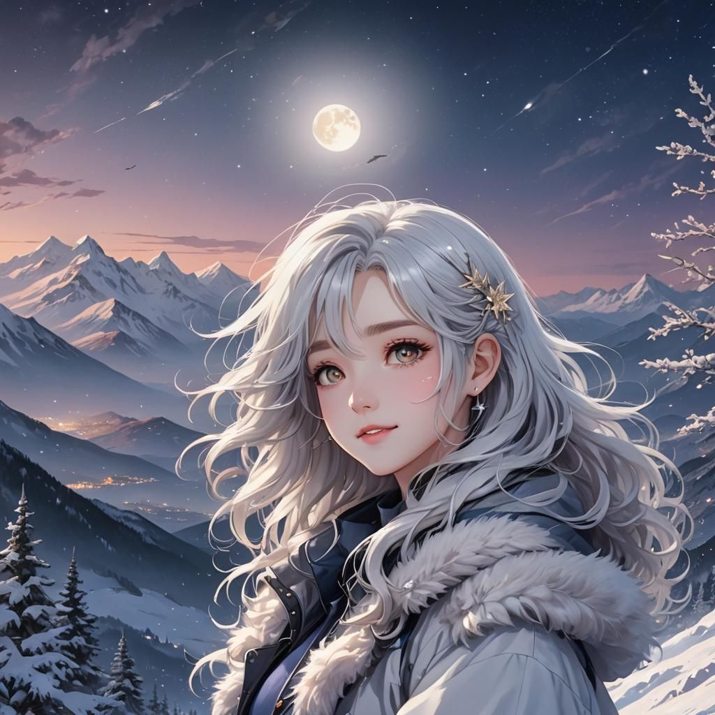 Silver-Haired Girl in Snowy Tundra, Anime Style