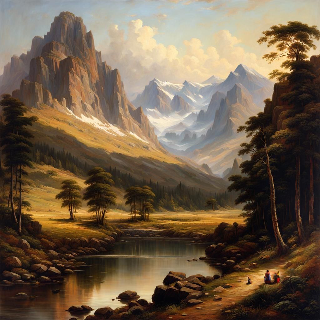 Enormous Mountain Landscape in Pre-Raphaelite Style