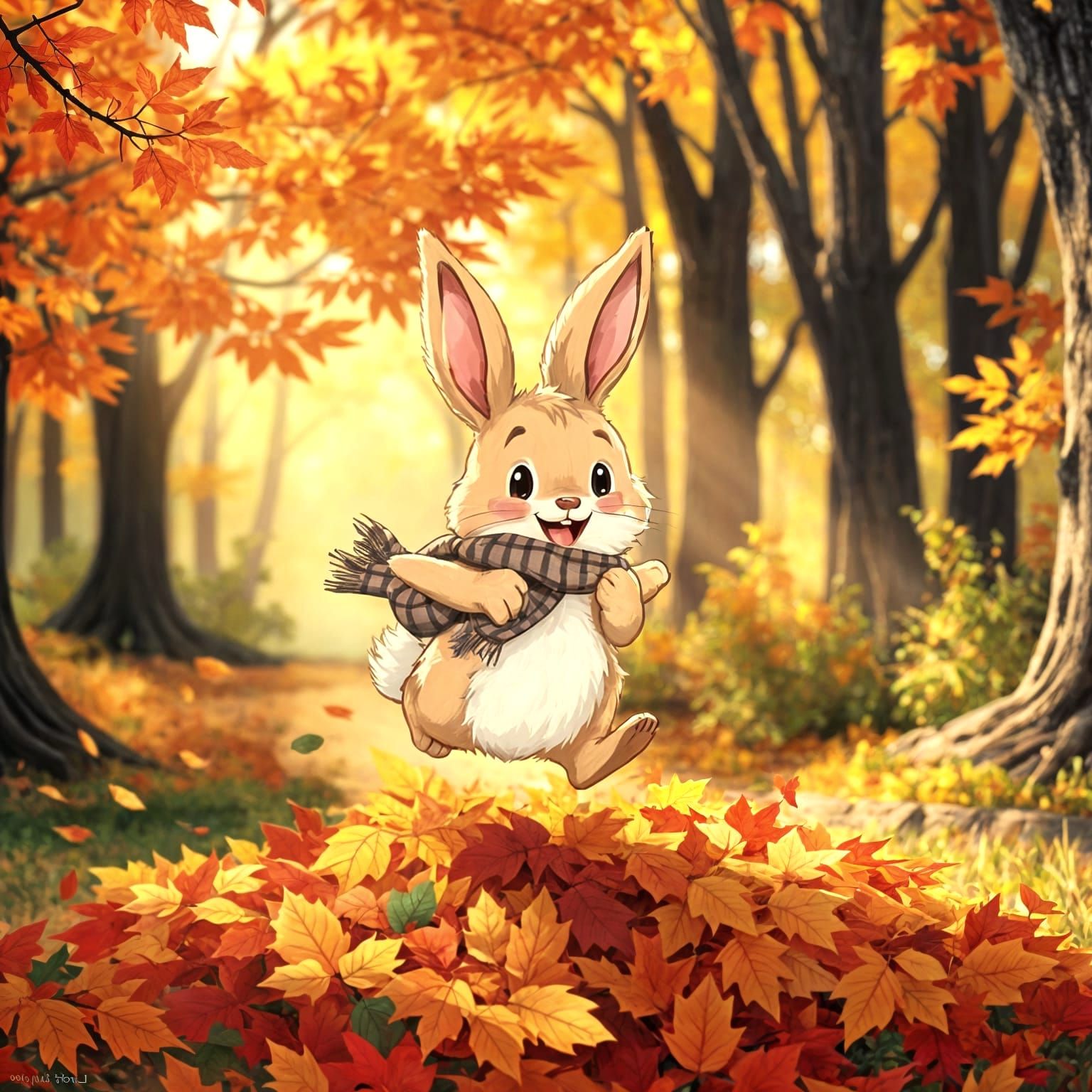 Joyful Bunny Leaping Through Autumn Leaves