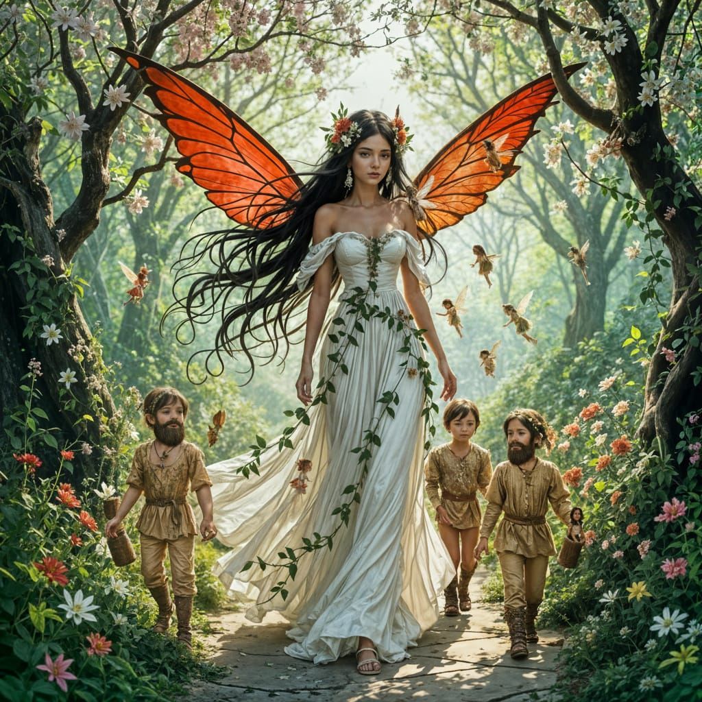 Fairy in Floral Dress with Red Wings and Pixie Companions