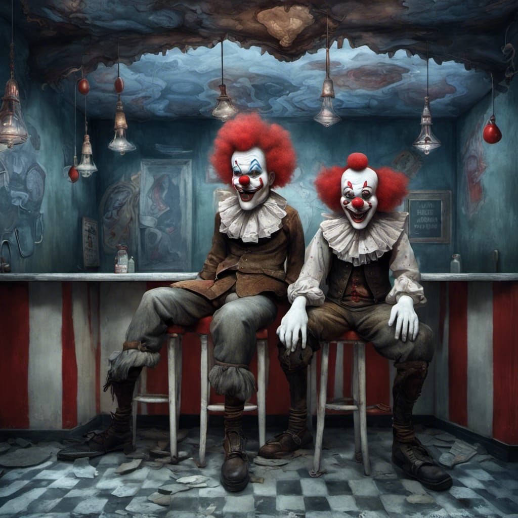 Twin Clowns in Derelict Carnival, Digital Painting