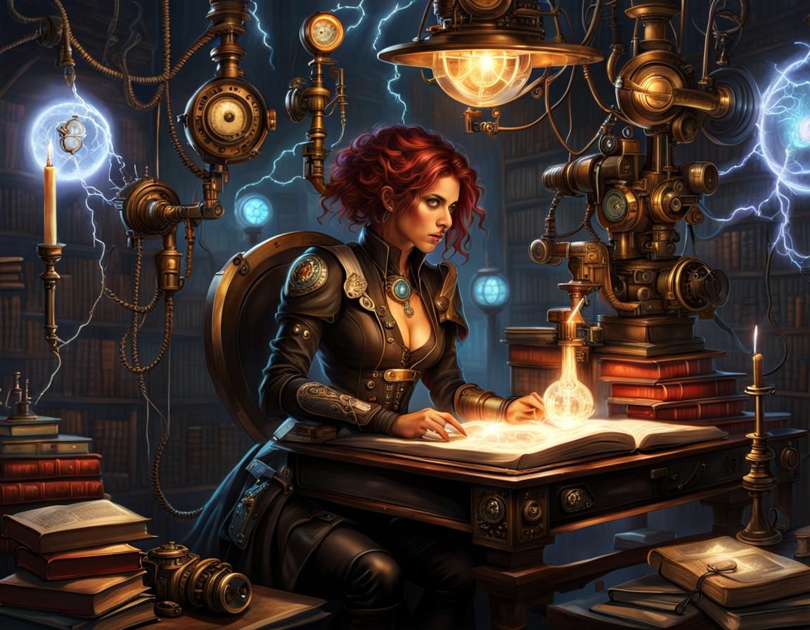 Aetherpunk Woman Working with Lightning and Gear