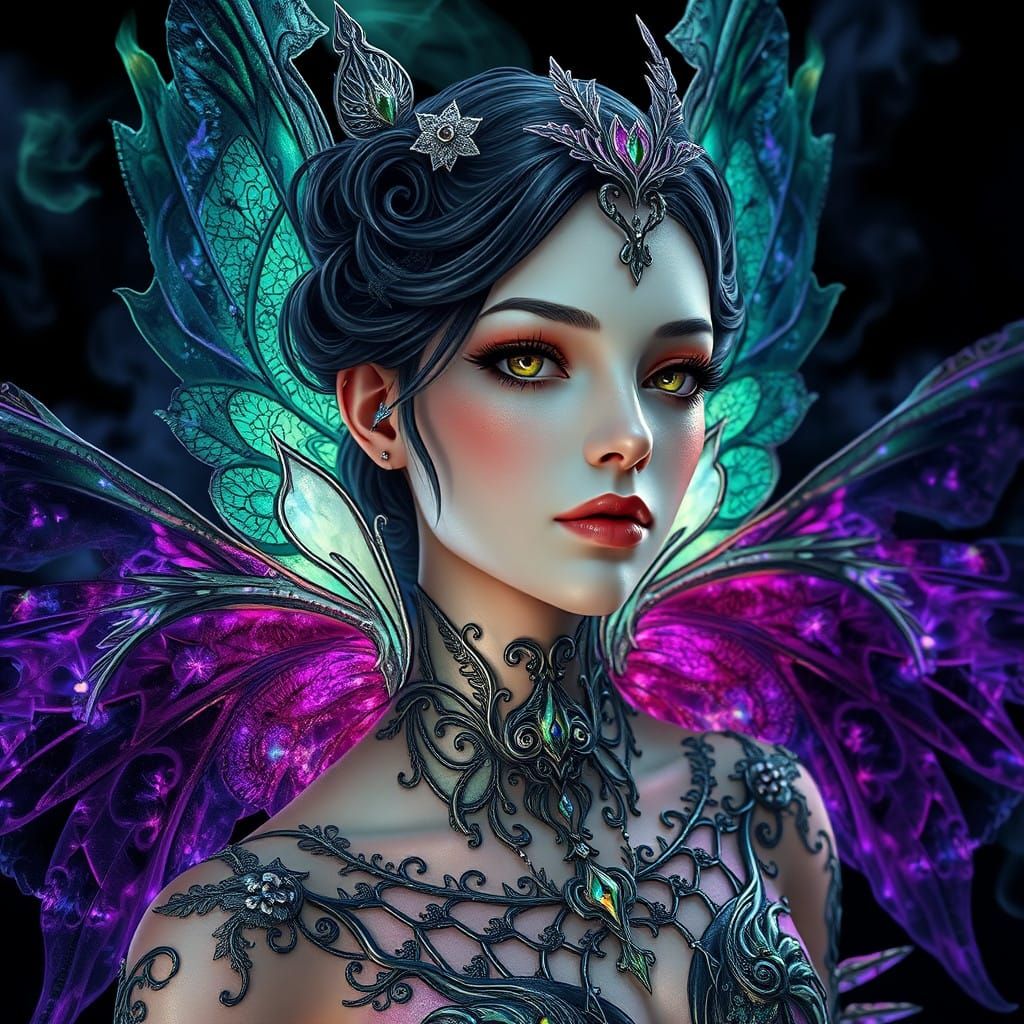 Crystal Fairy in Emerald Flames, Surrealist Artwork