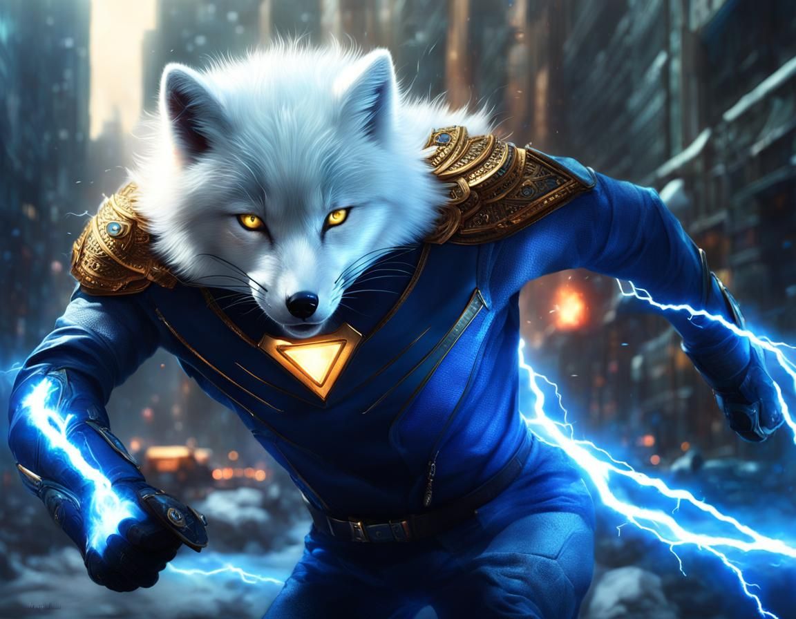 Arctic Fox Superhero Wielding Lightning in Dramatic Lighting