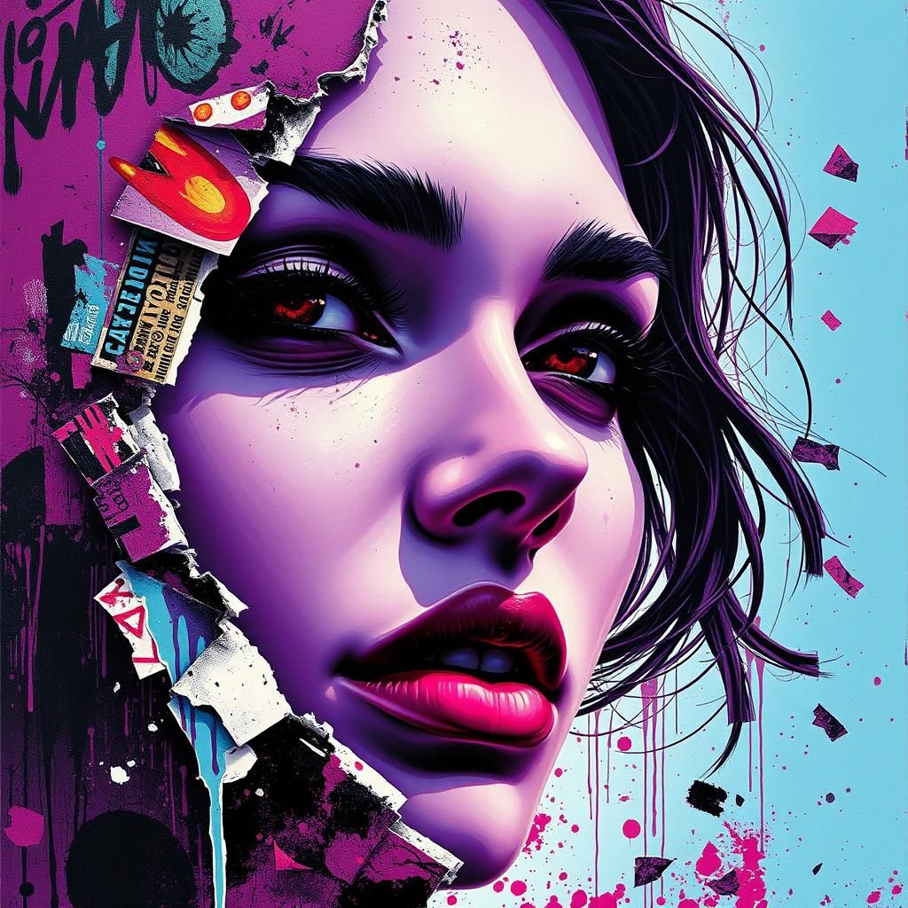 Fragmented Purple Portrait in Street Art Style