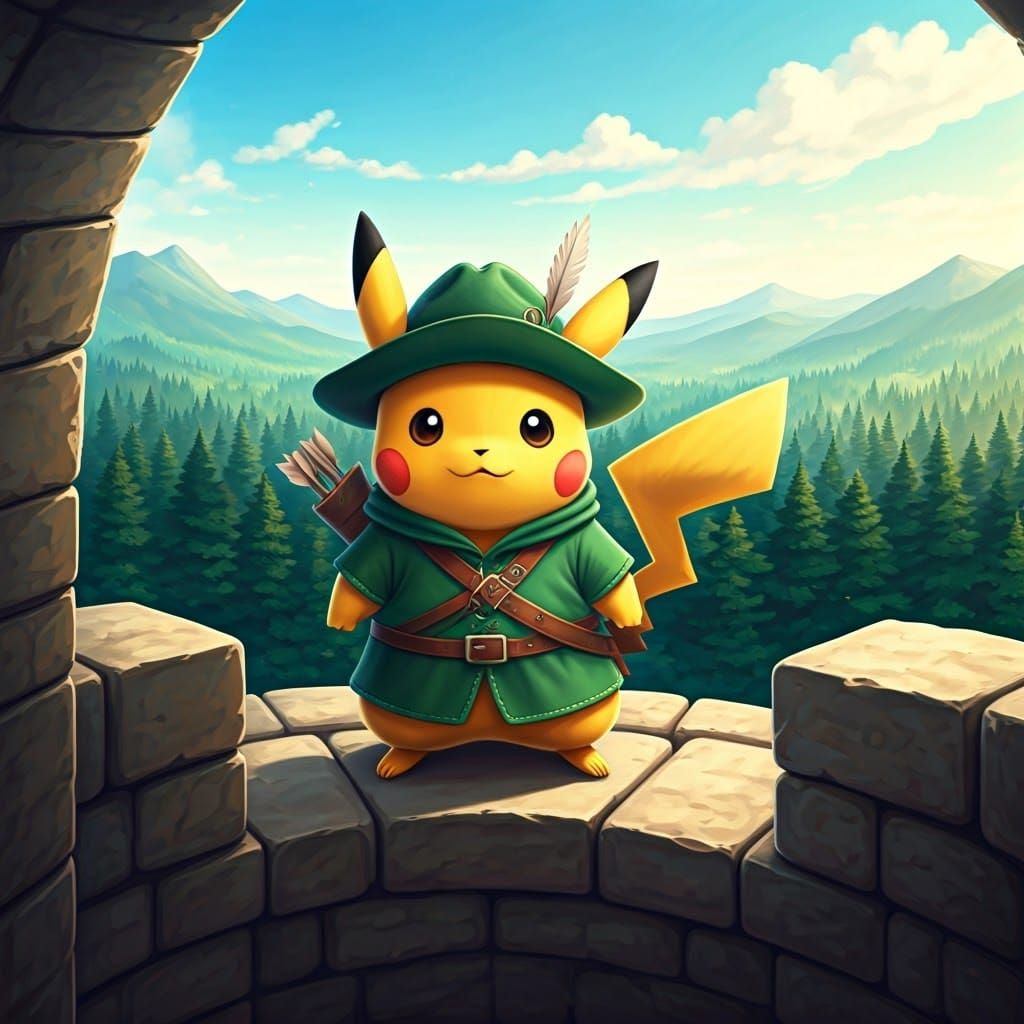 Pikachu in a Medieval Fantasy Landscape