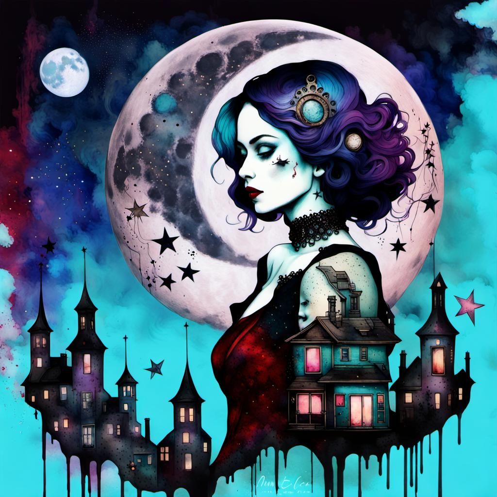 Steampunk Goth Moon Goddess in Magic Realism Collage