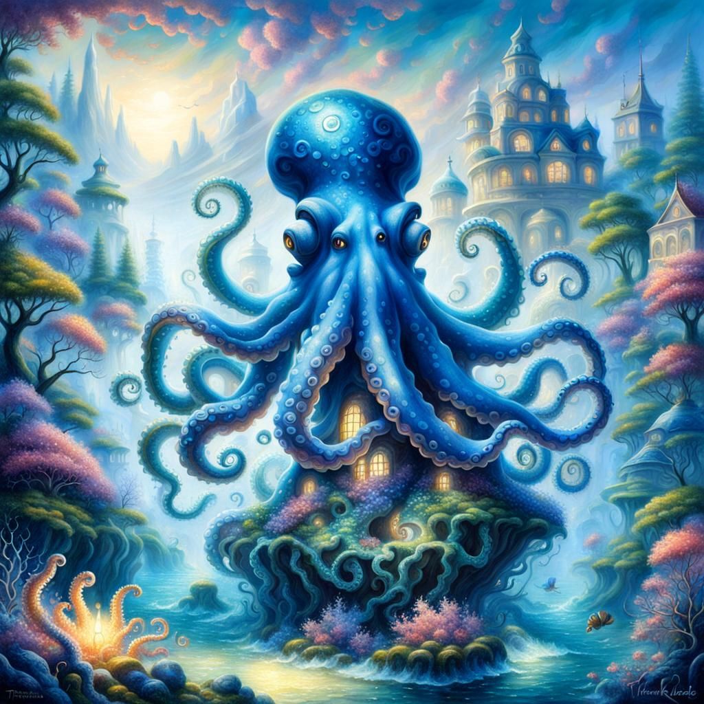 Blue Octopus Creates Islands in Ethereal Fantasy