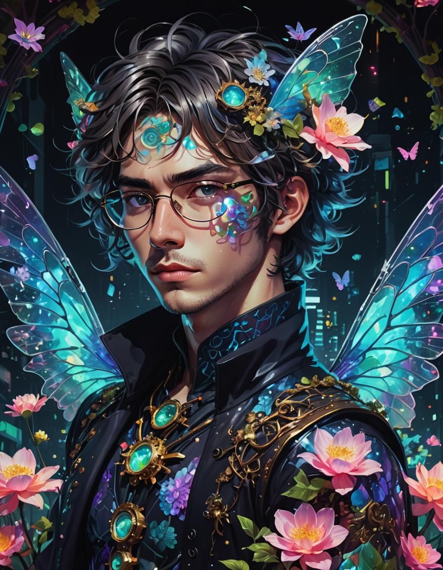 Fantasy Man in Neon World: Maximalist Digital Artwork