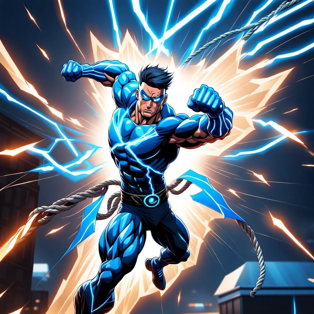 Muscular Hero with Electric Rays in 3D Anime Style