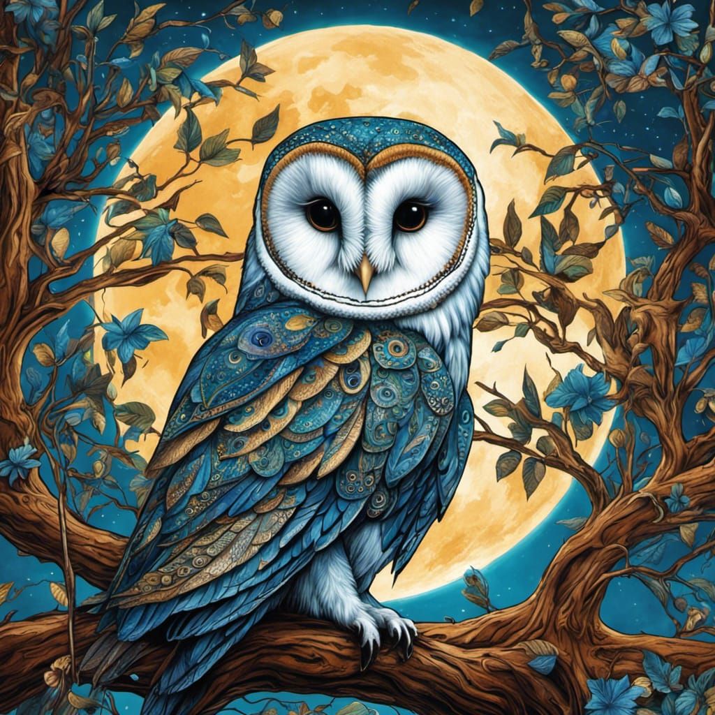 High Gothic Barn Owl Under Bright Blue Moon