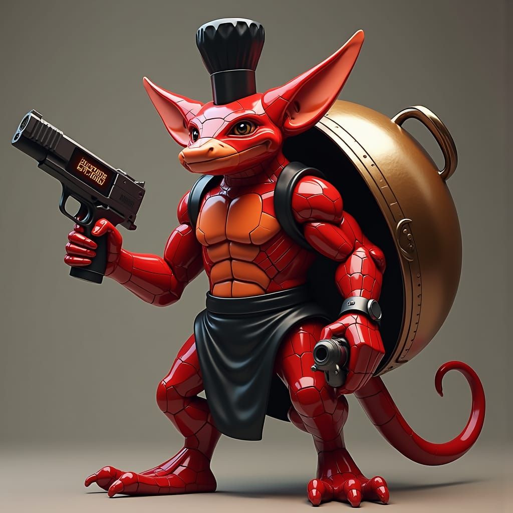 Vibrant Red Kobold Chef in Cubist Art Style with Art Deco Fl...