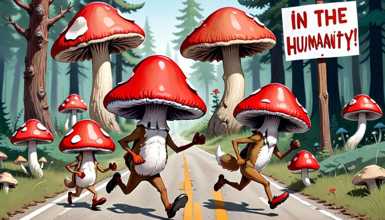 Anthropomorphic Mushrooms Trample Coyote in Funny Cartoon