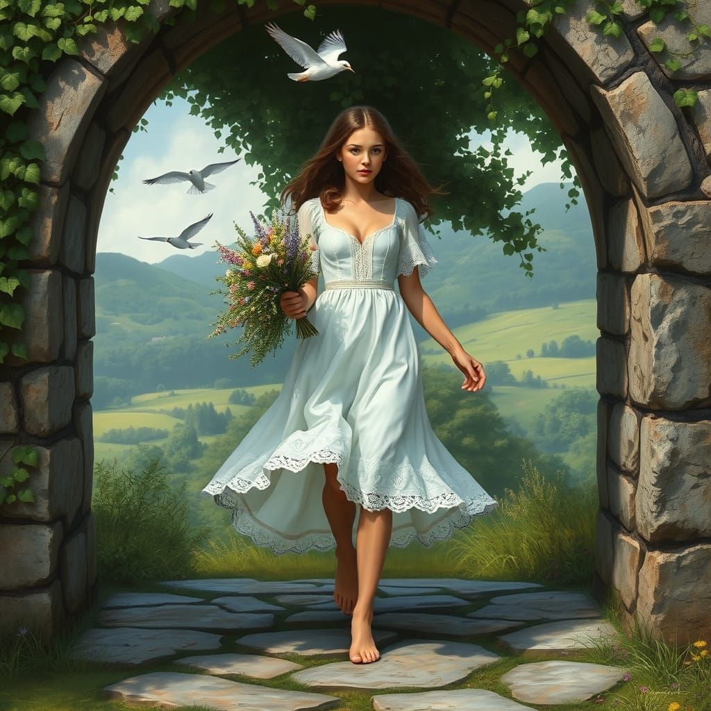 A young woman in a flowing white dress walks barefoot throug...