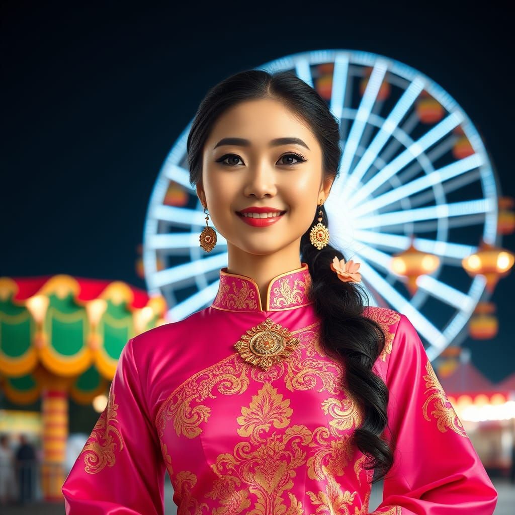 Chinese Woman in Thai Dress at Amusement Park