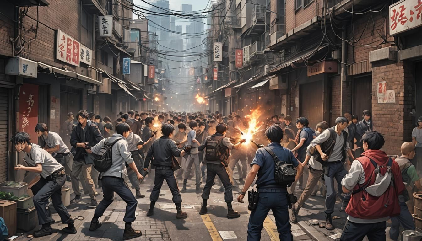 Anime Style Gang Fight in Dark Alleyway