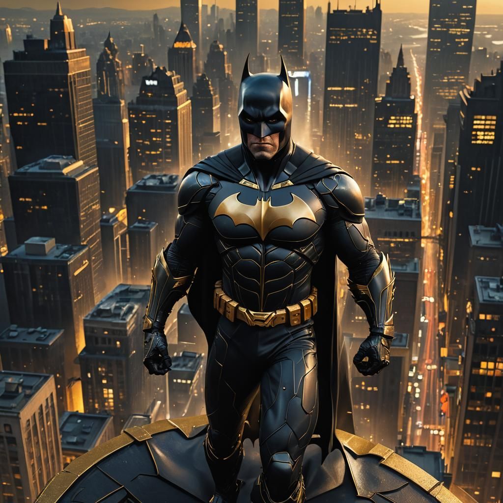 Batman in Black Gold Suit on Gotham Rooftop