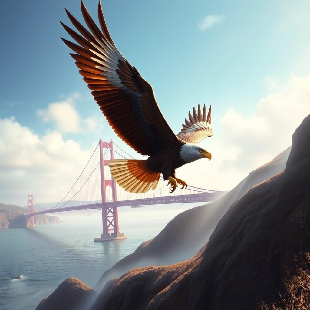Eagle Soars Over Golden Gate Bridge in Vibrant Fantasy Lands...