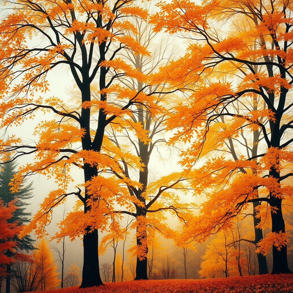 Golden Leaves Cascade in a Dreamy Autumn Landscape